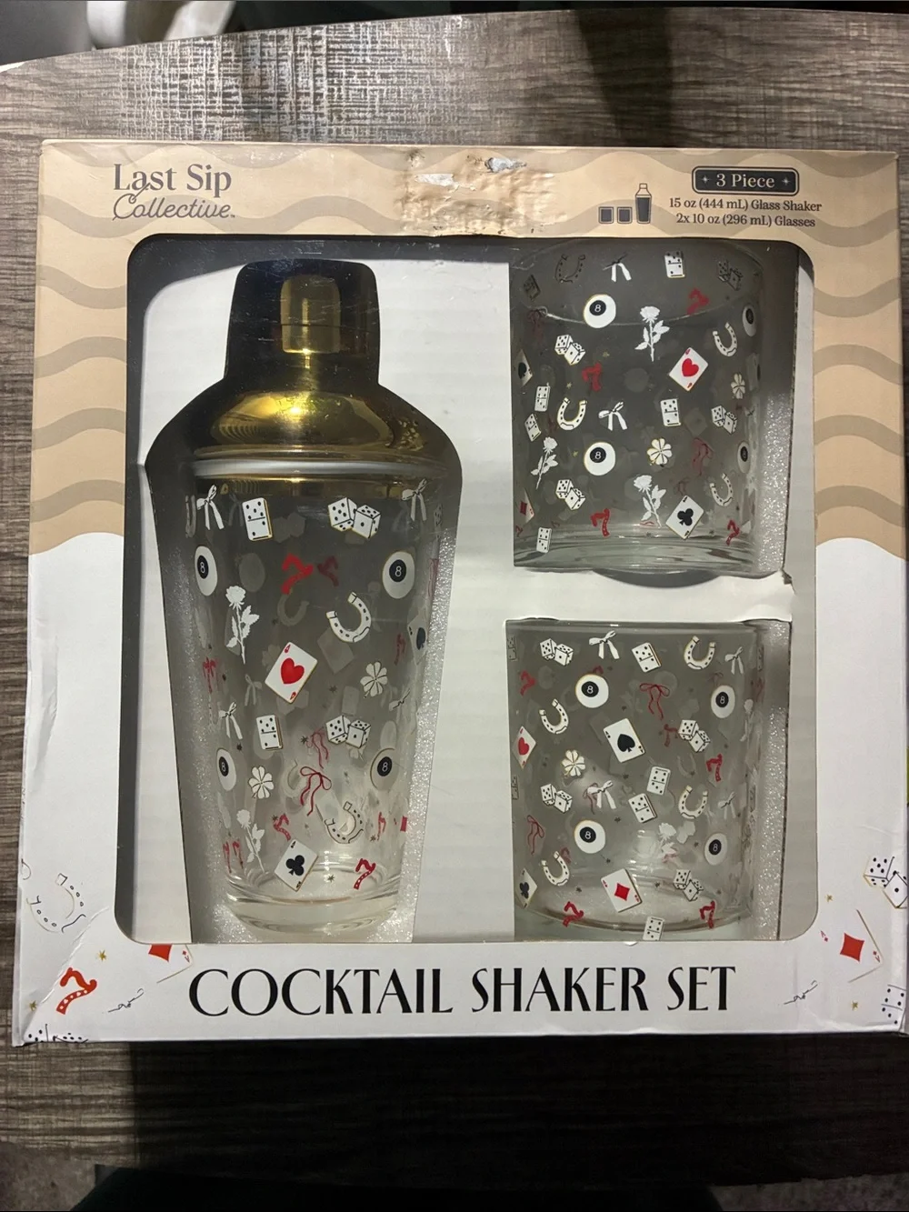 Gold Cocktail Shaker Set with Playing Card Glasses
